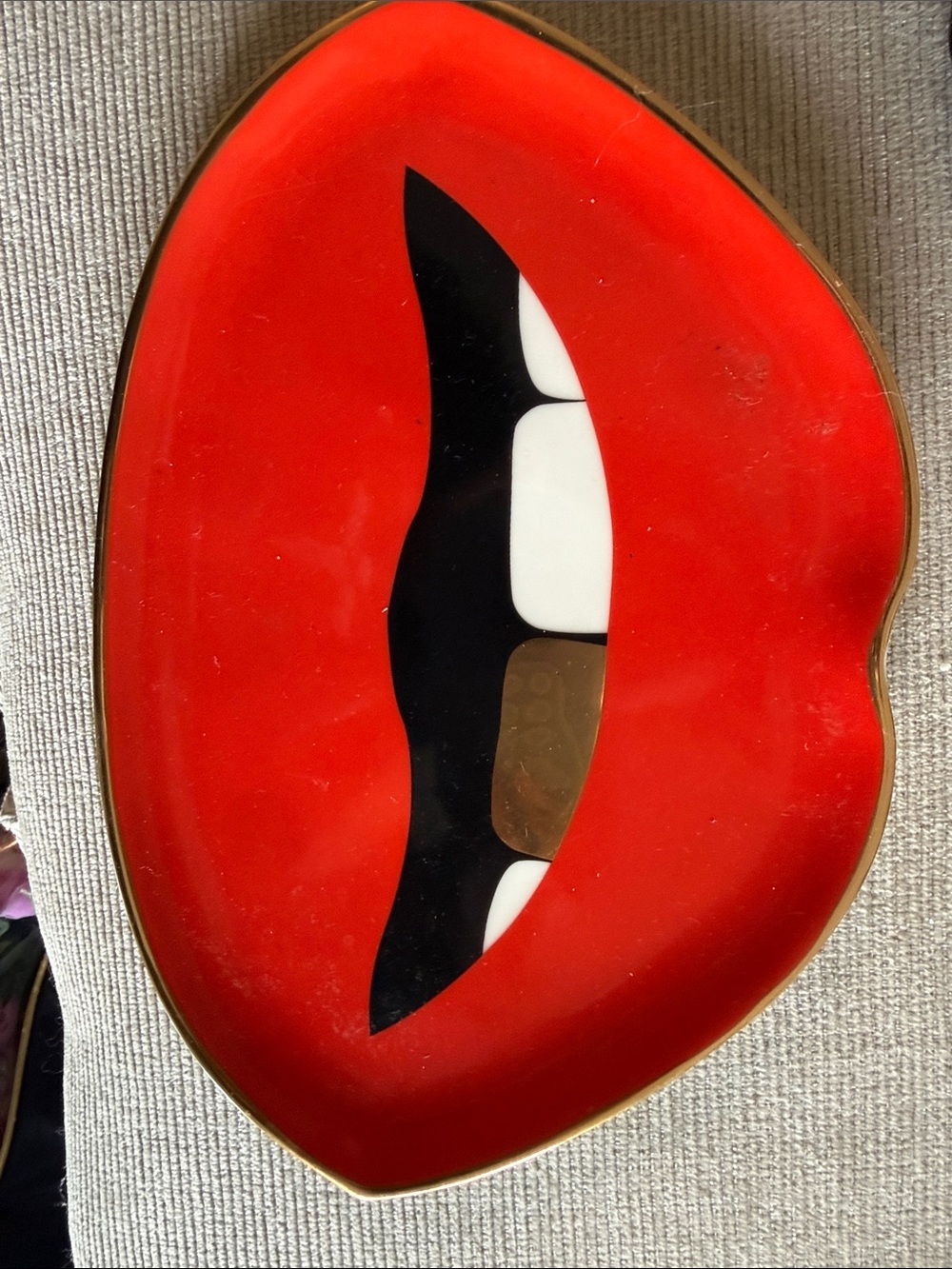 Jonathan Adler Red Lip-Shaped Trinket Tray with Black & White Detail
